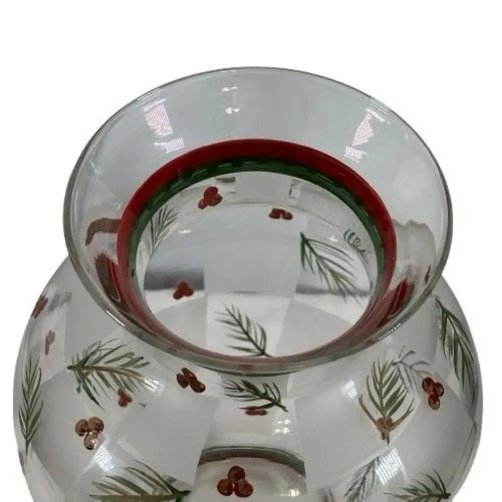 LG Glass Holly Berry & Pinecones Vase Hand Painted VTG Winter Holiday Christmas